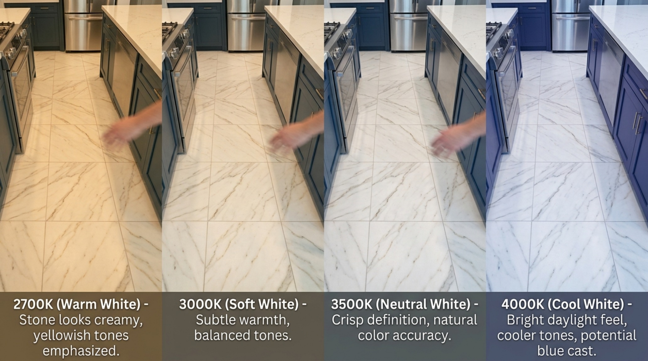 Tile designs for kitchen floors lighting guide showing the difference between cool morning light and warm 2700K evening lighting on a polished marble floor with grey veining. Tile designs for kitchen floors lighting guide showing the difference between cool morning light and warm 2700K evening lighting on a polished marble floor with grey veining.