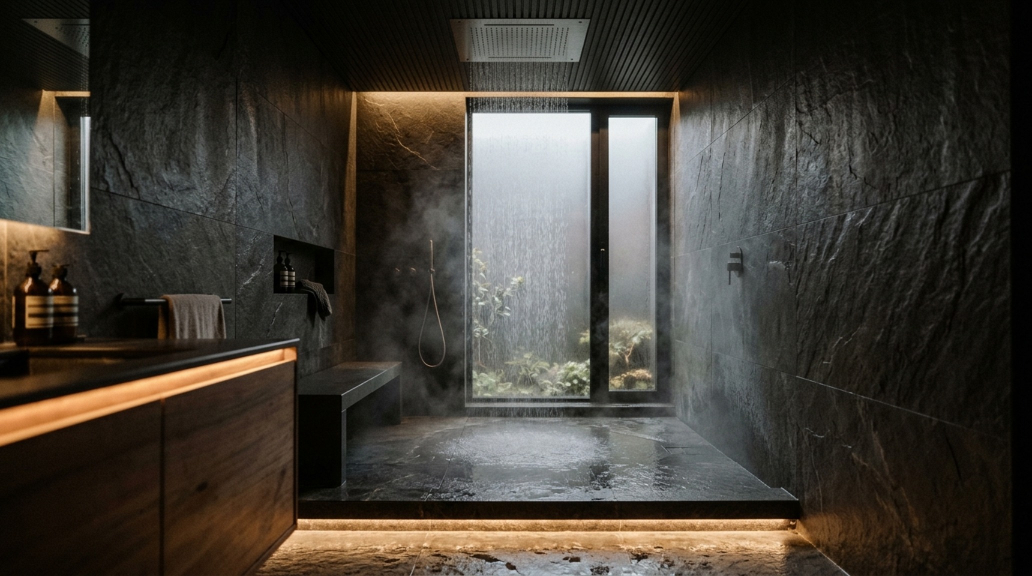 Master shower wet room with a monolithic stone floor and grazing LED light strips that emphasize the lithic quality of the surfaces.