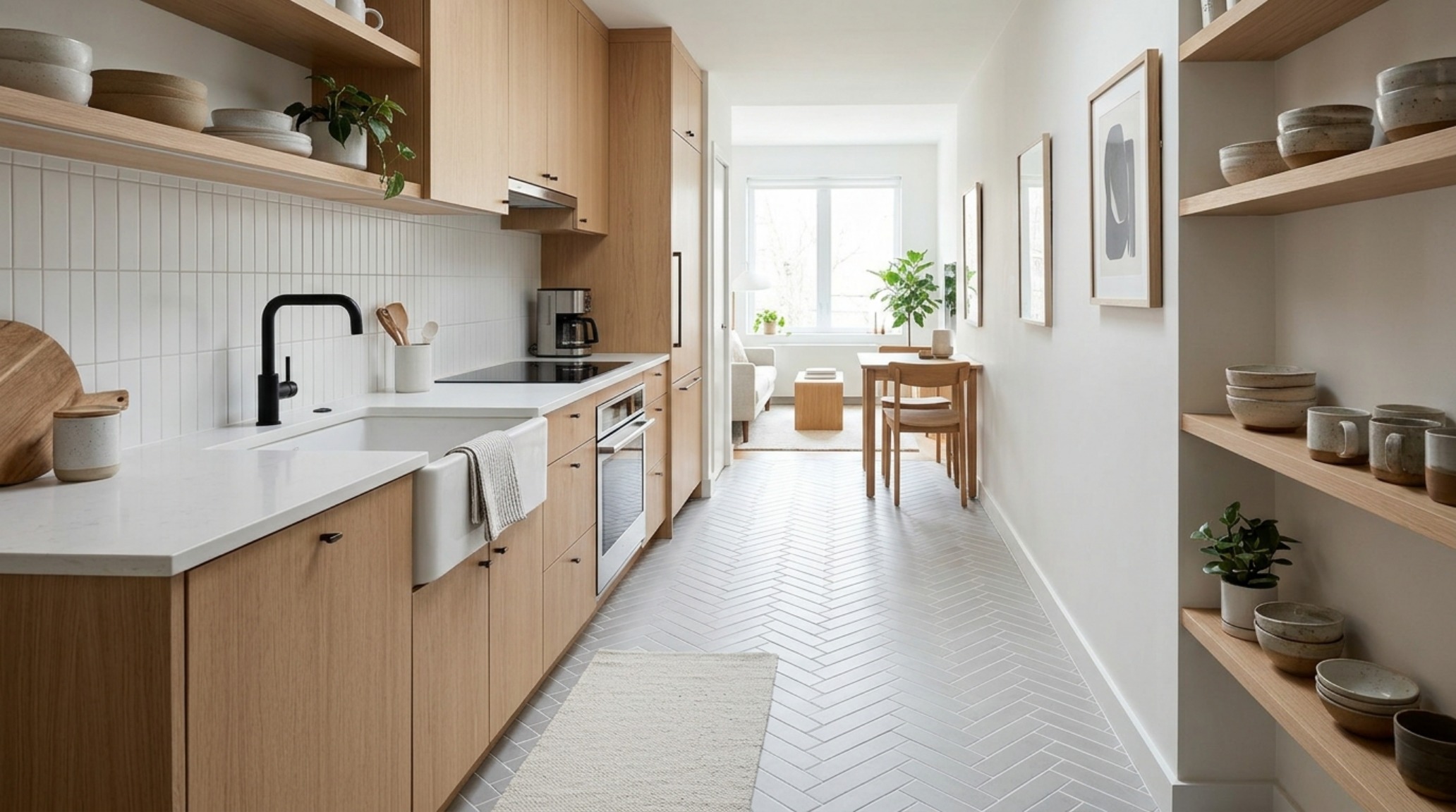 Small space tile designs for kitchen floors showcasing a soft grey herringbone porcelain layout that elongates the narrow kitchen galley, paired with Benjamin Moore Swiss Coffee cabinetry. Small space tile designs for kitchen floors showcasing a soft grey herringbone porcelain layout that elongates the narrow kitchen galley, paired with Benjamin Moore Swiss Coffee cabinetry.