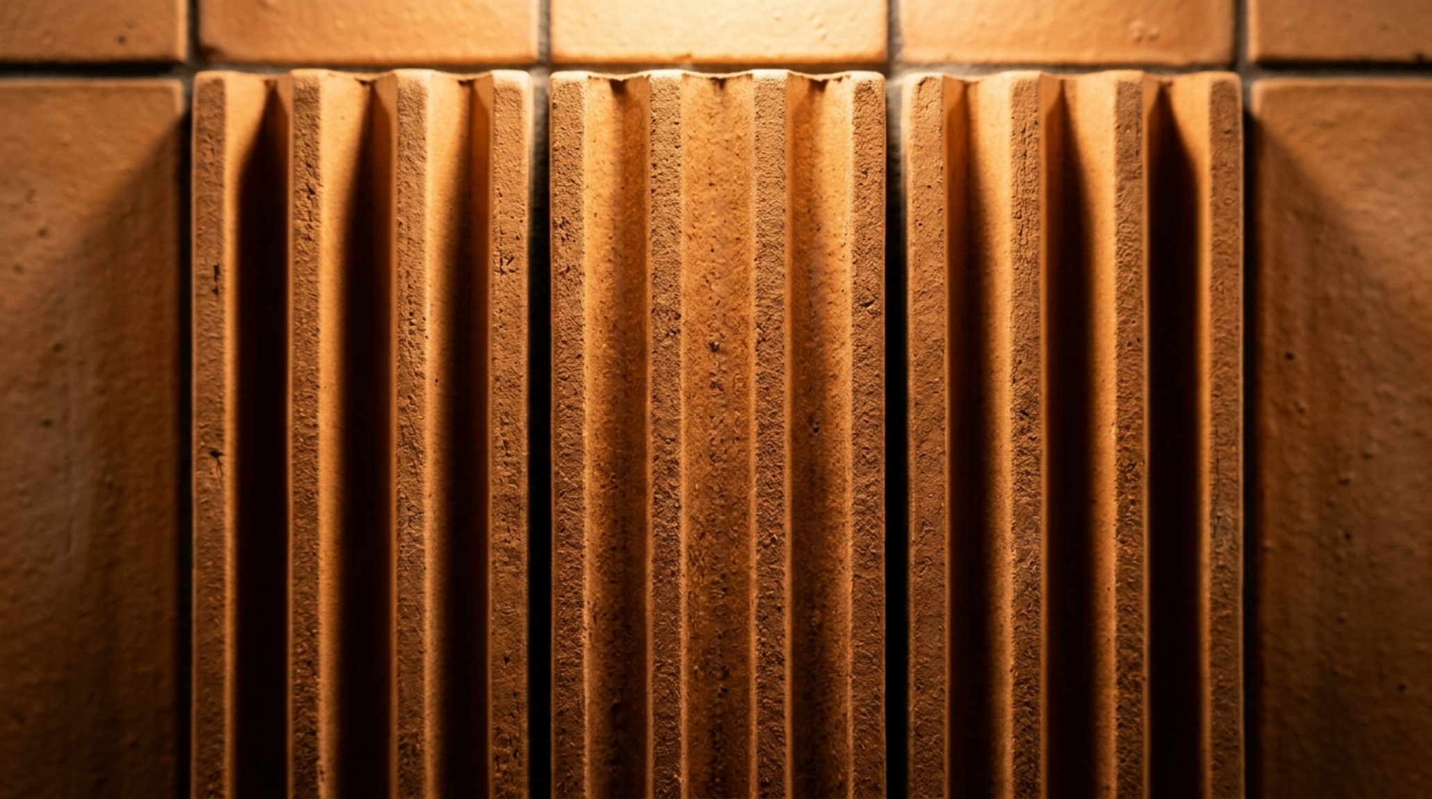 Detail shot of ribbed ceramic wall tiles illuminated by 2700K warm ambient lighting, emphasizing high CRI 92+ color accuracy and shadow play.