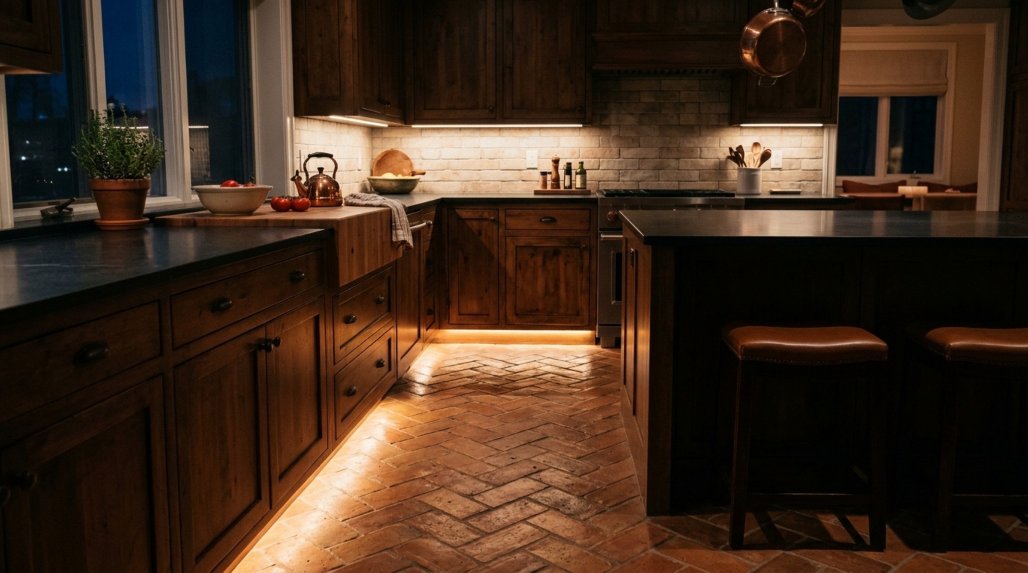 Tile designs for kitchen floors lighting guide demonstrating warm 2700K toe-kick LED lighting reflecting off matte terracotta tiles to create a floating architectural effect in a modern sanctuary kitchen. Tile designs for kitchen floors lighting guide demonstrating warm 2700K toe-kick LED lighting reflecting off matte terracotta tiles to create a floating architectural effect in a modern sanctuary kitchen.
