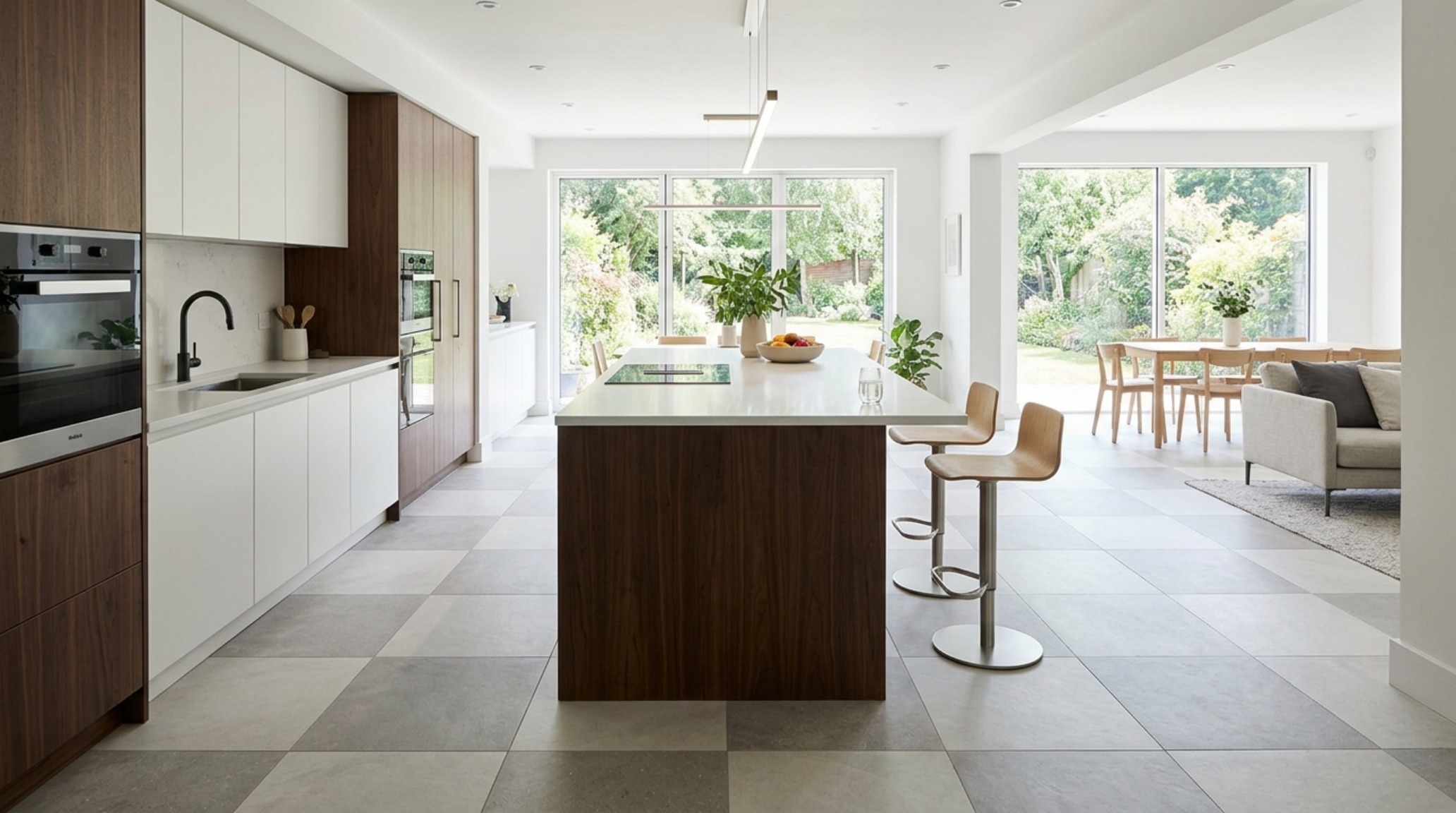 Modern tile designs for kitchen floors ideas featuring a tone-on-tone checkerboard pattern in muted charcoal and slate grey, highlighting the precise alignment with a central white oak island. Modern tile designs for kitchen floors ideas featuring a tone-on-tone checkerboard pattern in muted charcoal and slate grey, highlighting the precise alignment with a central white oak island.