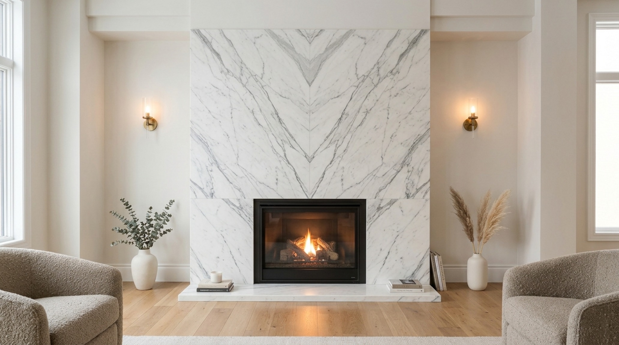 Close-up of book-matched marble slabs on a fireplace surround, highlighting the luxury tile trends 2026 decor ideas textures and natural stone patterns.