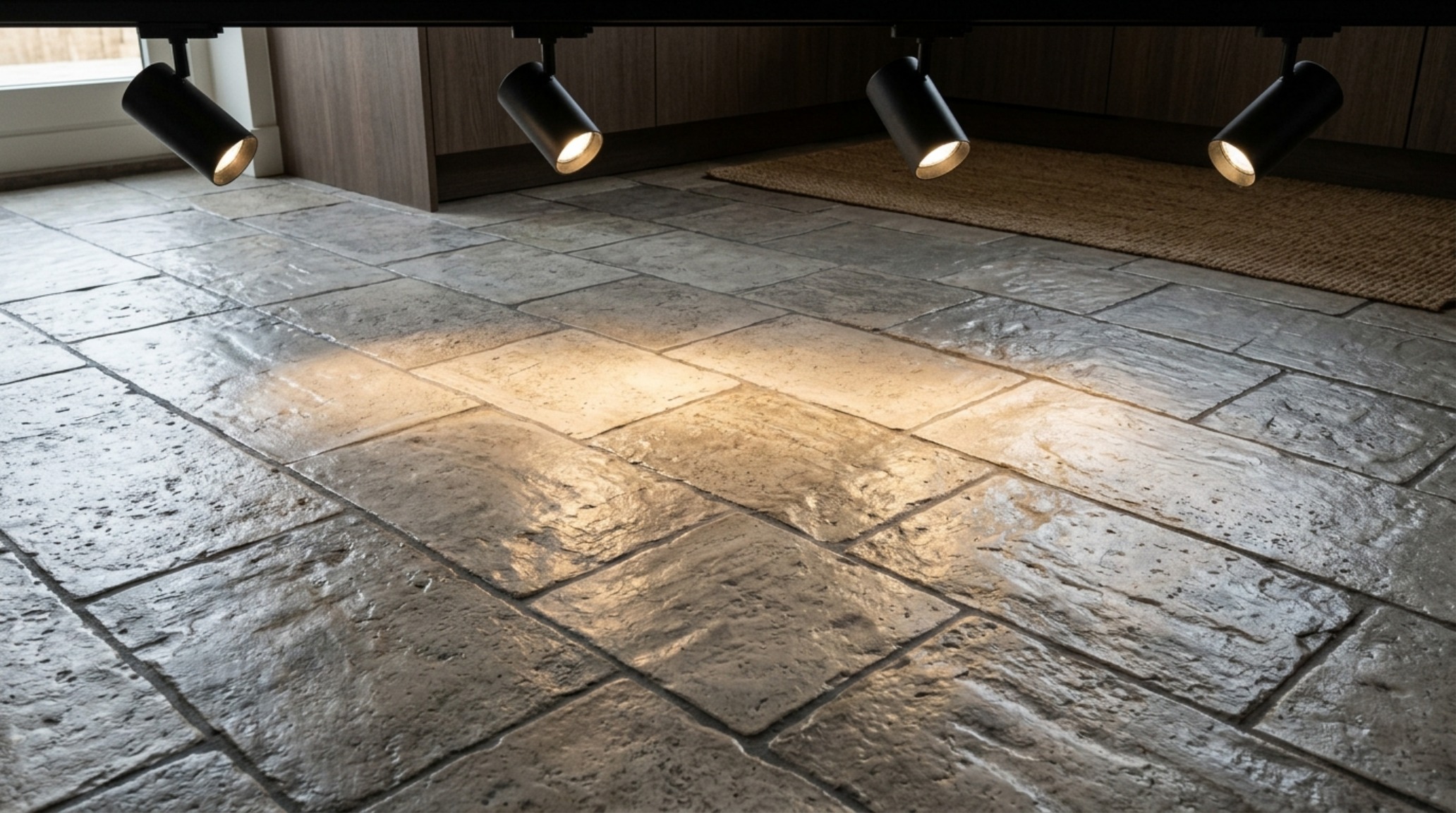 Tile designs for kitchen floors lighting guide illustrating the impact of 90+ CRI recessed spotlights grazing the surface of hand-molded Zellige-style floor tiles in a warm cream palette. Tile designs for kitchen floors lighting guide illustrating the impact of 90+ CRI recessed spotlights grazing the surface of hand-molded Zellige-style floor tiles in a warm cream palette.