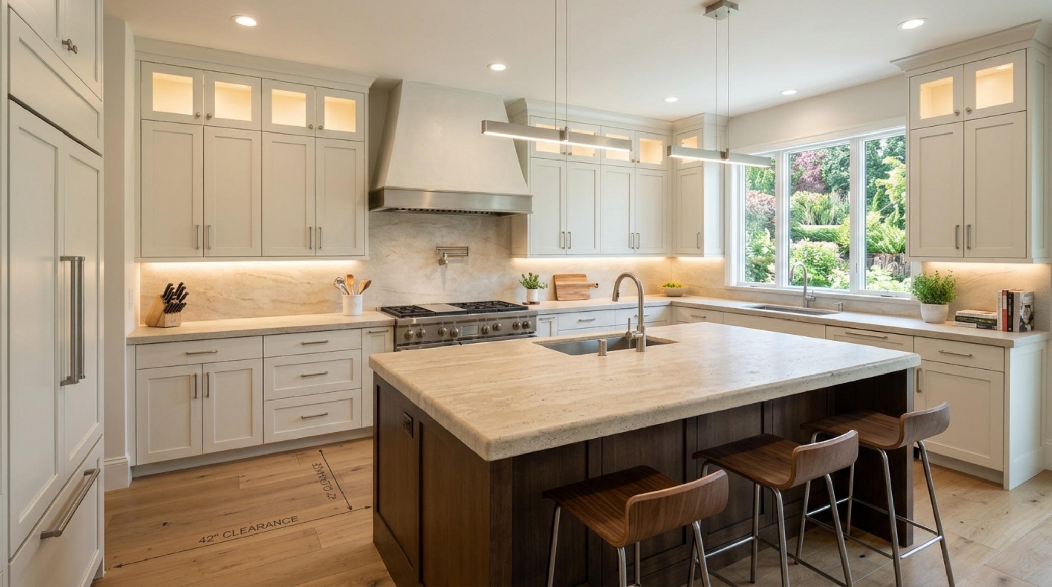 Kitchen island with a waterfall edge of honed travertine, featuring 42-inch work zone clearances and under-counter cove lighting.