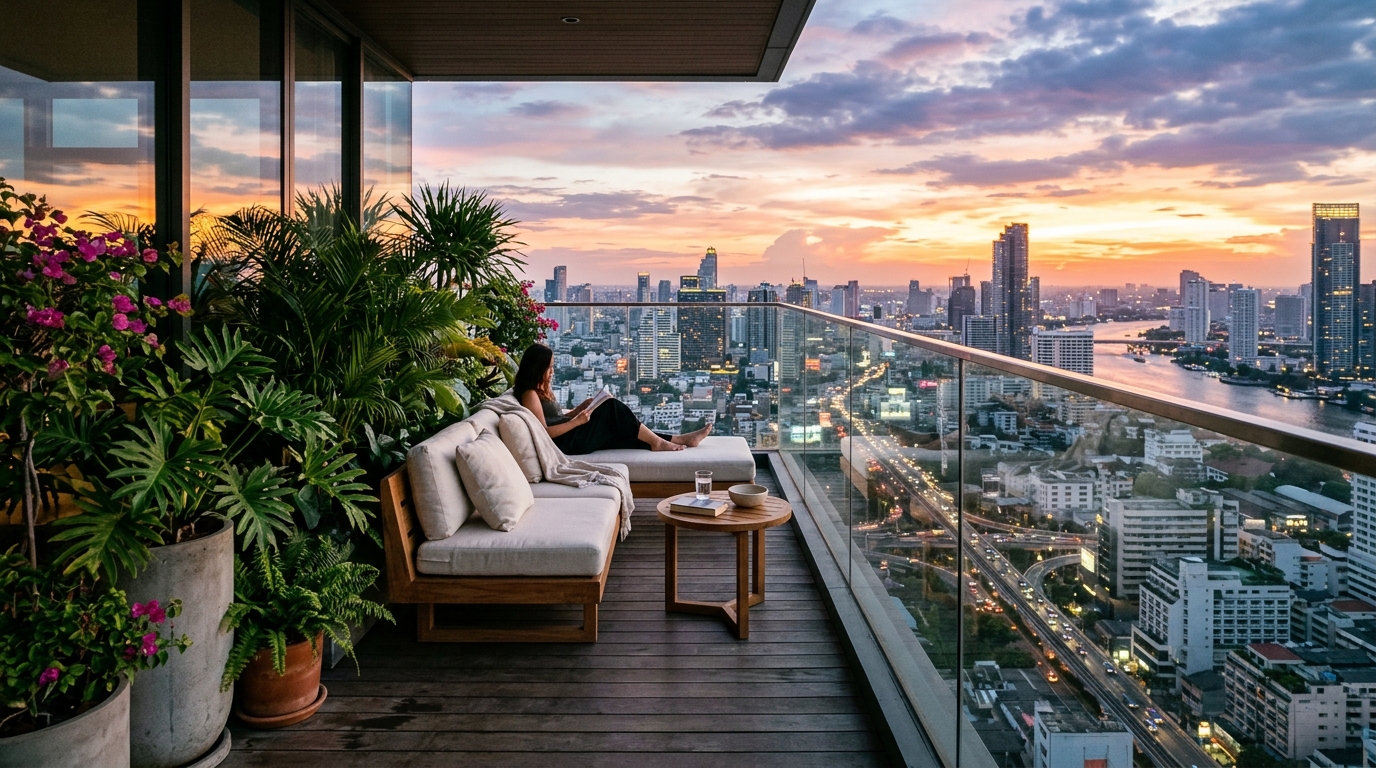Small apartment balcony ideas architecture highlighting a glass railing and a cantilevered umbrella for sun protection.