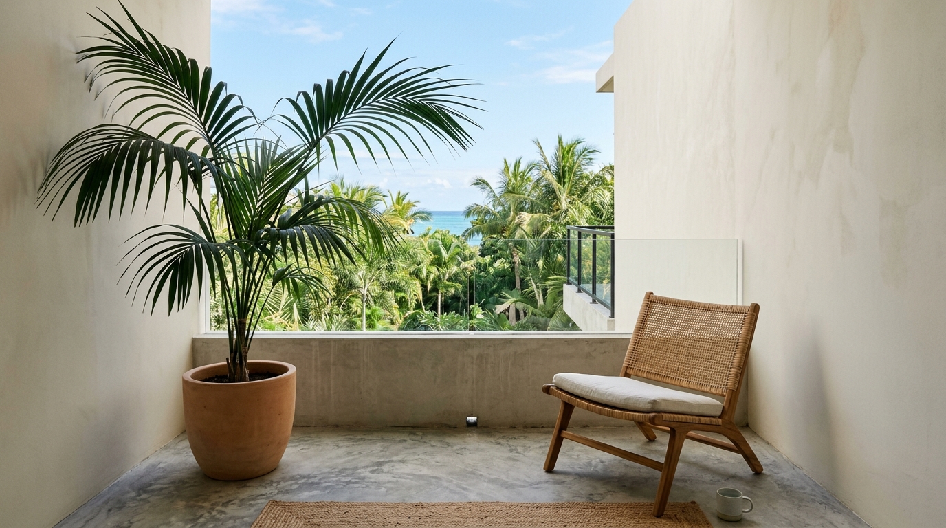Minimalist tropical balcony with a single statement Kentia palm and a sculptural lounge chair in a neutral palette.