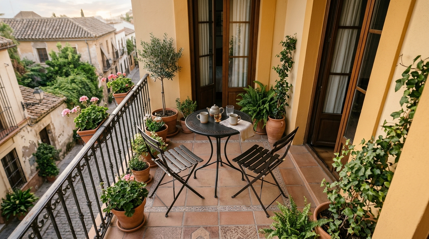 Top-down view of a small apartment balcony ideas layout focusing on the 30-inch dining chair clearance and traffic flow.