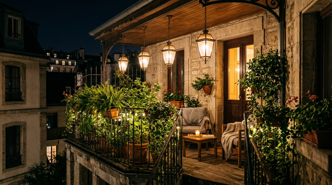 Close-up of small apartment balcony ideas lighting guide implementation with recessed floor lights and soft hanging lanterns.