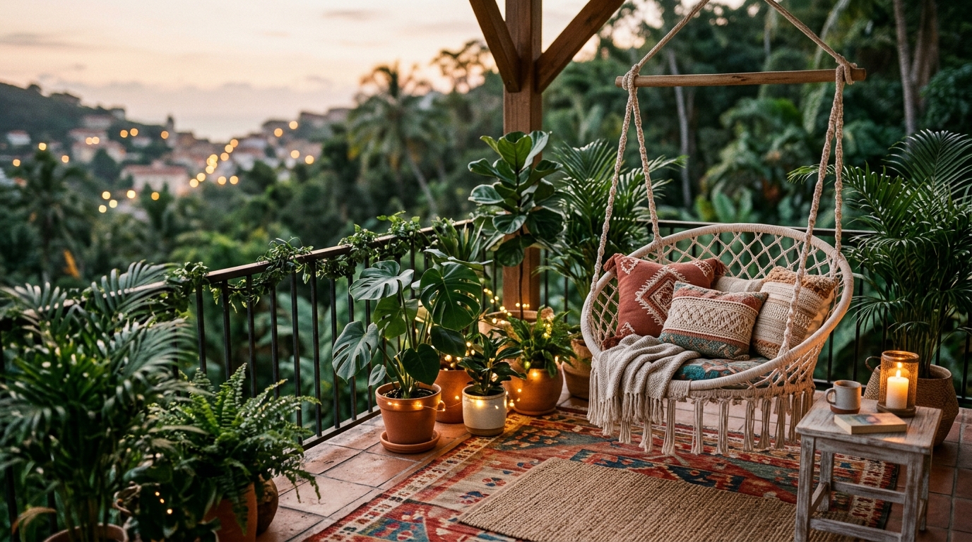 Bohemian tropical balcony aesthetic with macramé details, layered textiles, and low-level ambient lighting.