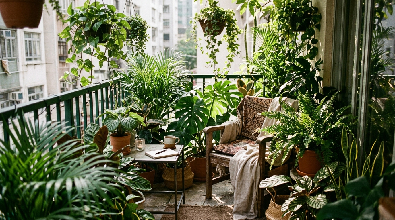 Urban jungle balcony design with a variety of leaf textures including Philodendron and Calathea under diffused sunlight.