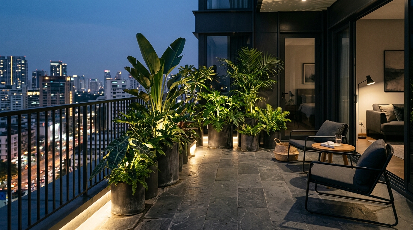 Sleek small apartment balcony ideas with black powder-coated metal accents and grey slate tiles.