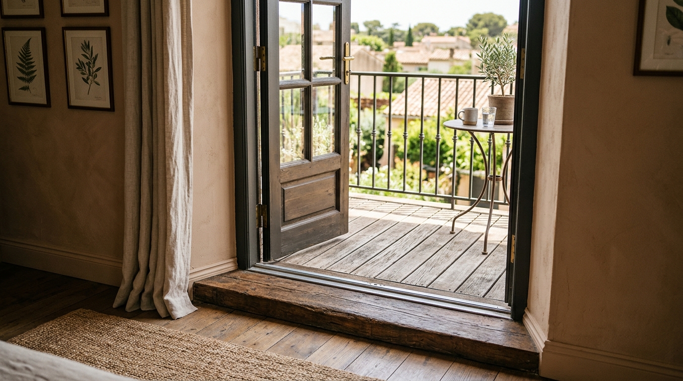 Architectural detail of a balcony threshold using Farrow & Ball Setting Plaster paint and a seamless floor transition.