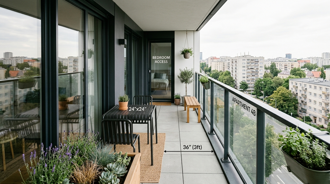 Architectural floor plan perspective of a compact balcony showing 36-inch walkway clearances and ergonomic furniture placement.