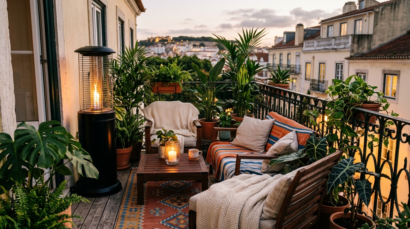 Small apartment balcony ideas with a focus on seasonal transition using weather-resistant textiles and outdoor heaters.
