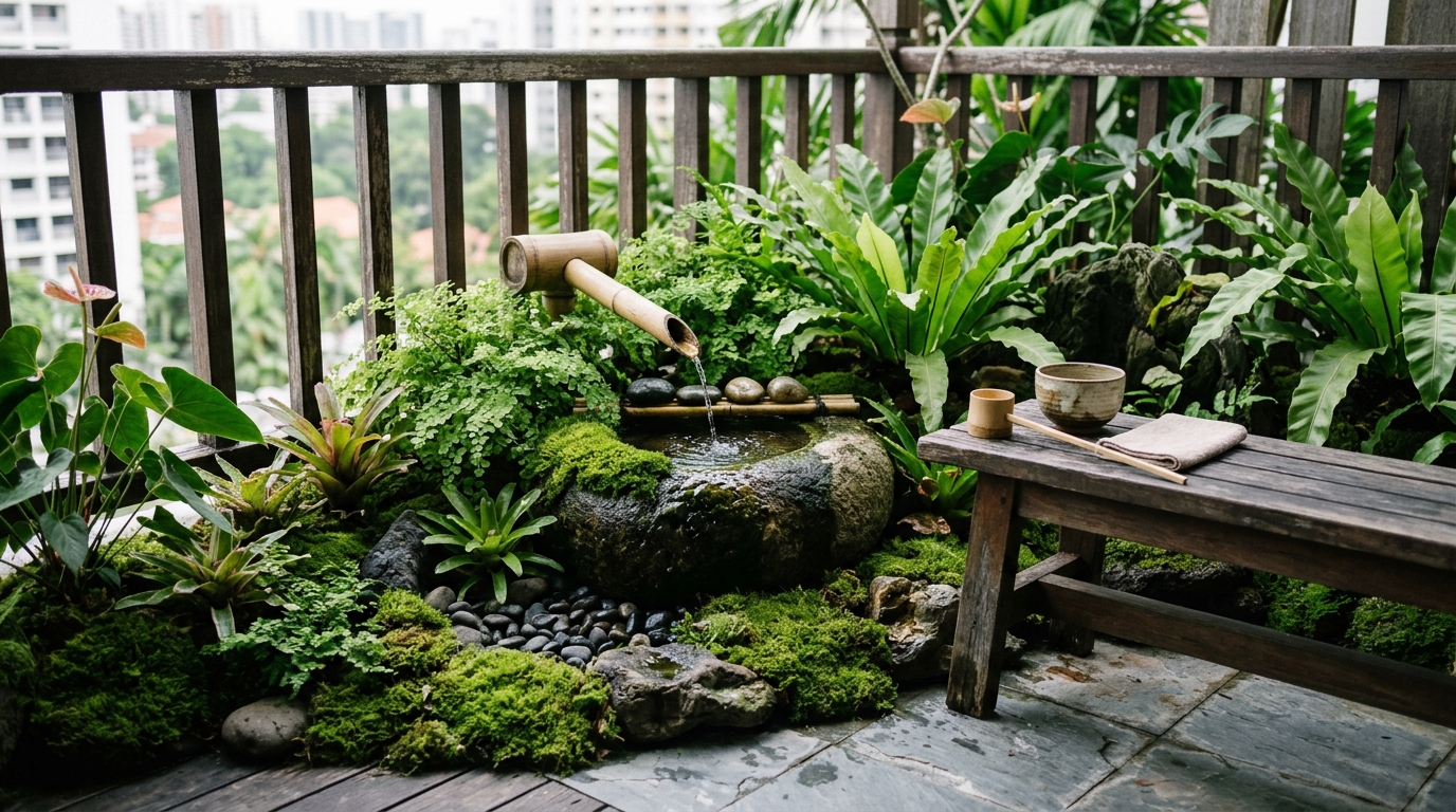 Zen-inspired tropical balcony with a stone water feature and low-profile wooden seating for meditation.