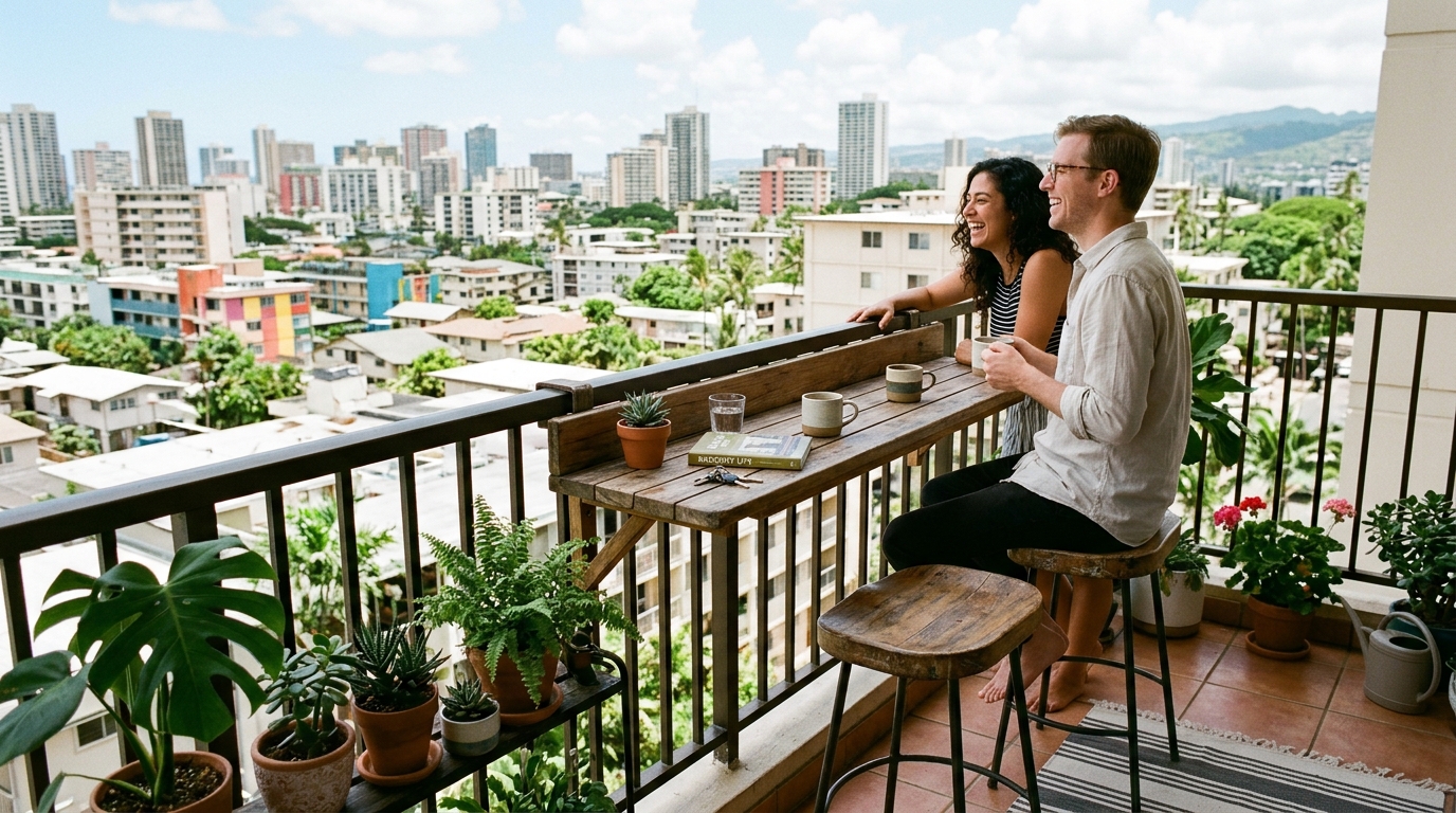 Contemporary small apartment balcony ideas featuring a bar-height rail table for maximizing city views.