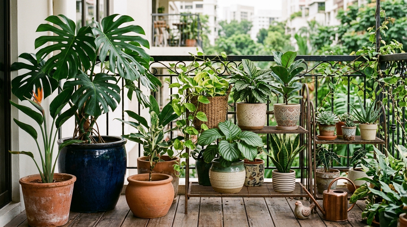 Editorial shot of a balcony garden with varying pot heights and a curated selection of drought-tolerant tropical plants.