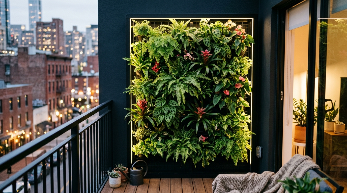 Modern small apartment balcony ideas featuring a vertical garden wall with ferns and high-performance architectural lighting.