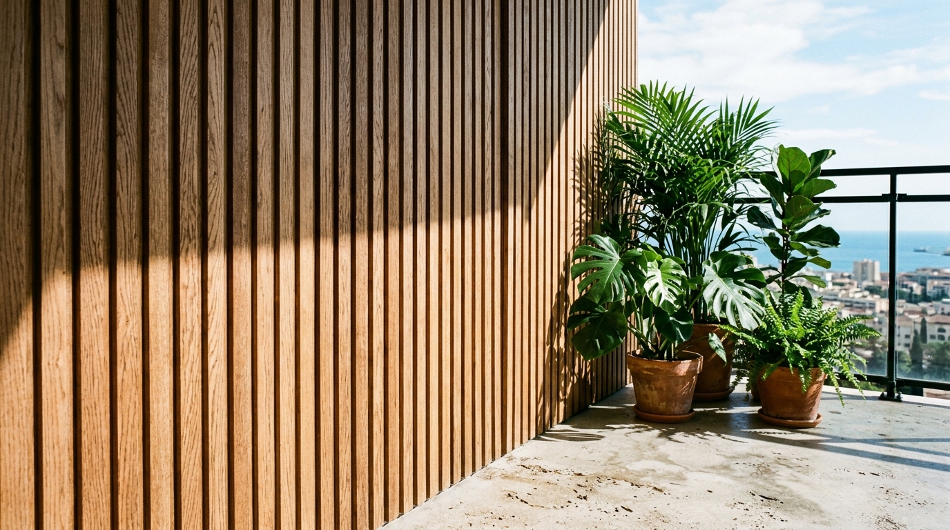 Luxury small apartment balcony ideas textures showcasing a mix of fluted oak panels and smooth concrete flooring.