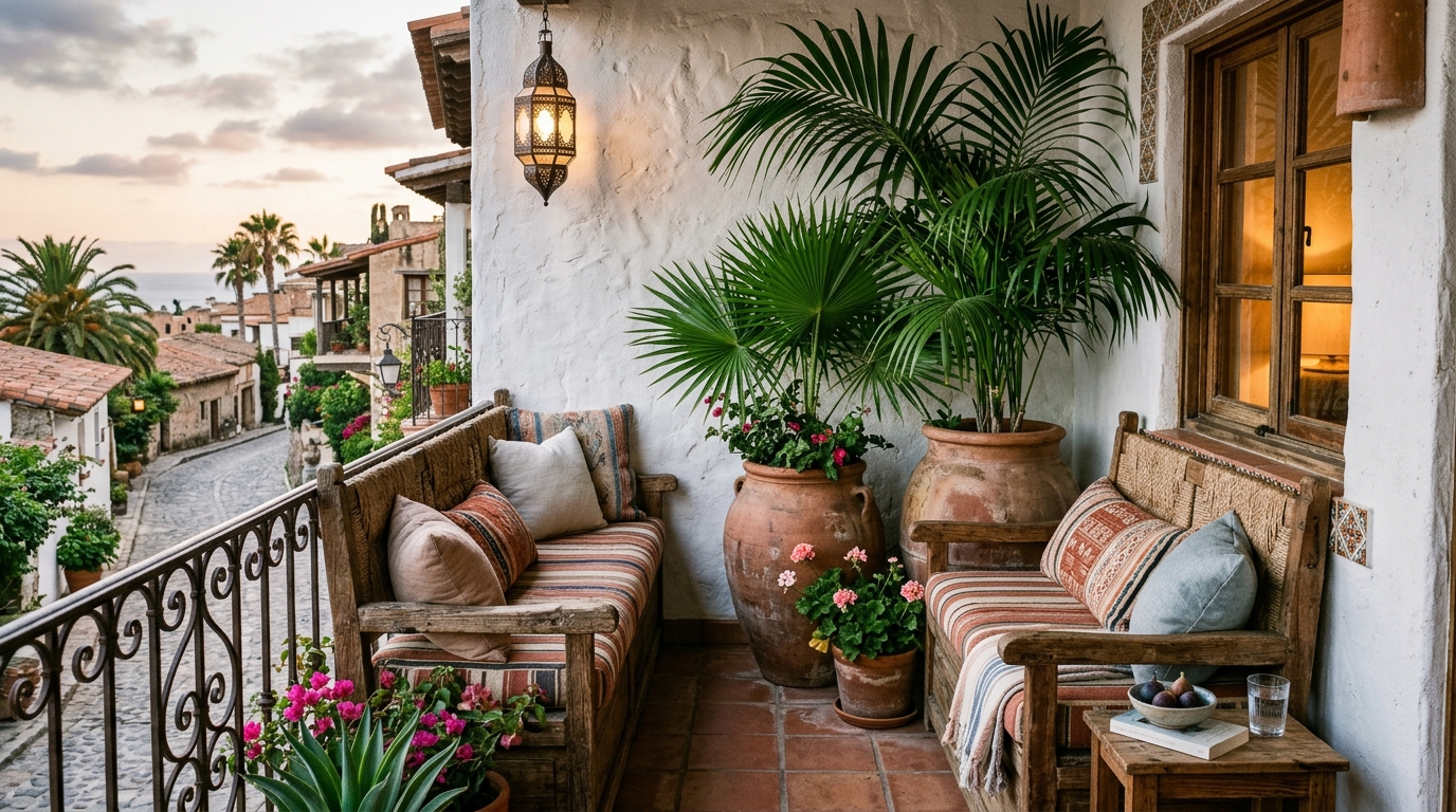 Tropical Patio Balcony design with a built-in banquette and oversized terracotta planters for a private garden feel.