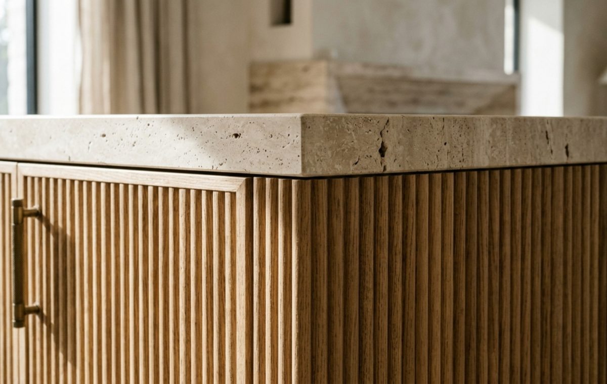 Luxury unique cabinets textures showcasing fluted white oak panels with a honed travertine countertop and integrated brass hardware.
