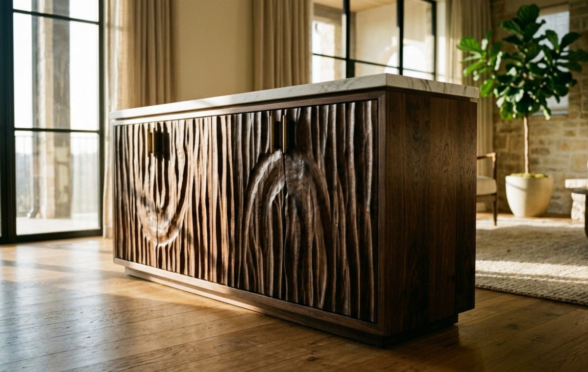 luxury unique cabinets textures featuring a custom credenza with hand-carved relief patterns in dark walnut and a slim honed marble top.
