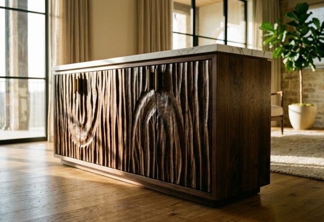 luxury unique cabinets textures featuring a custom credenza with hand-carved relief patterns in dark walnut and a slim honed marble top.