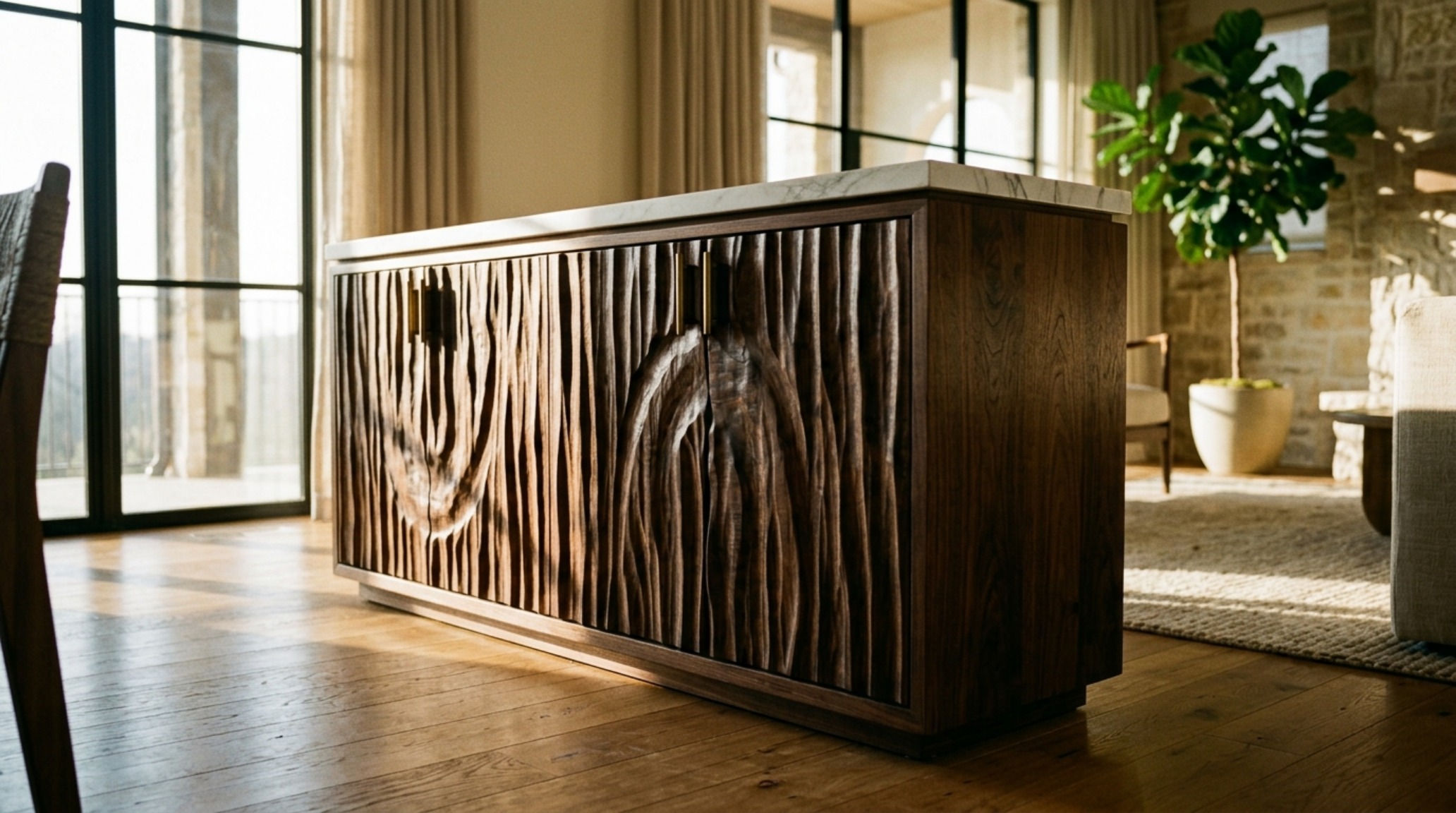 luxury unique cabinets textures featuring a custom credenza with hand-carved relief patterns in dark walnut and a slim honed marble top. luxury unique cabinets textures featuring a custom credenza with hand-carved relief patterns in dark walnut and a slim honed marble top.