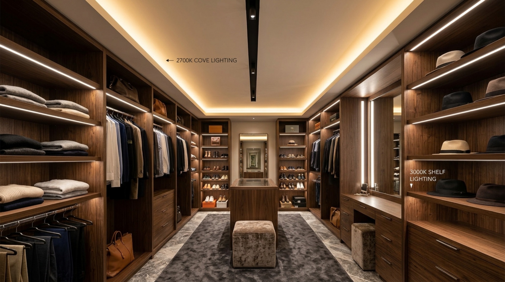 Unique cabinets lighting guide showing the difference between 2700K ambient glow and 3000K crisp task lighting in a dressing room.