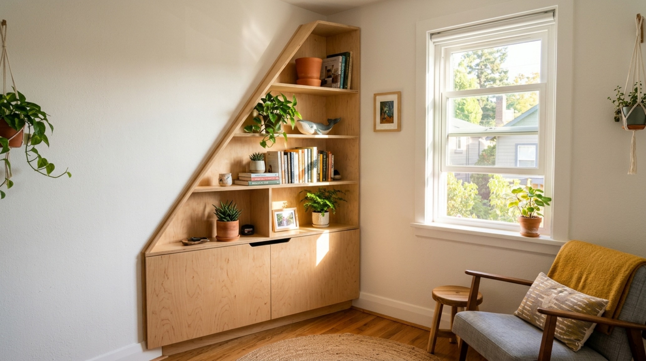 small space unique cabinets showing a corner-fitted shelving unit that utilizes neglected negative space for storage without blocking natural light. small space unique cabinets showing a corner-fitted shelving unit that utilizes neglected negative space for storage without blocking natural light.