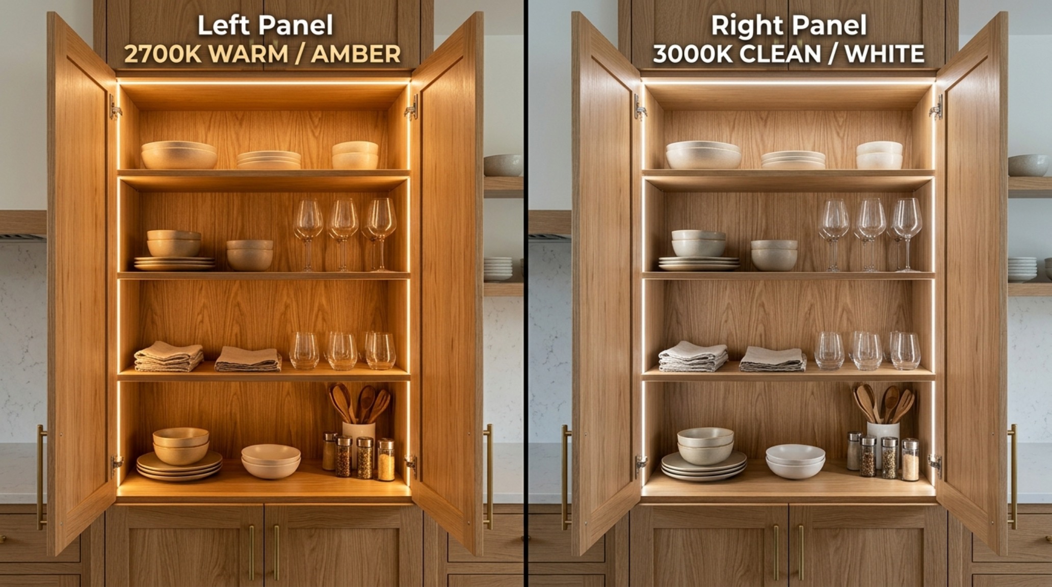 unique cabinets lighting guide displaying the difference between 2700K ambient and 3000K task lighting on a textured plaster wall background. unique cabinets lighting guide displaying the difference between 2700K ambient and 3000K task lighting on a textured plaster wall background.