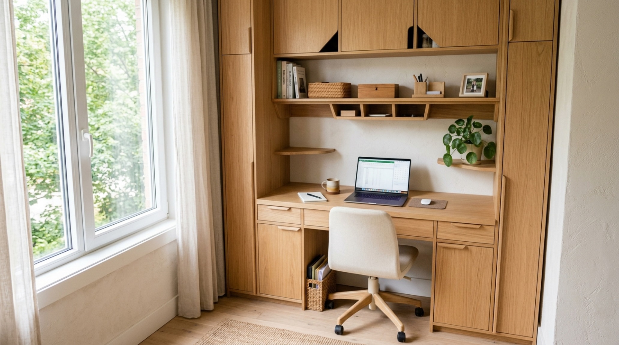 Small space unique cabinets for a home office, utilizing 15-inch shallow depth units and integrated cable management.