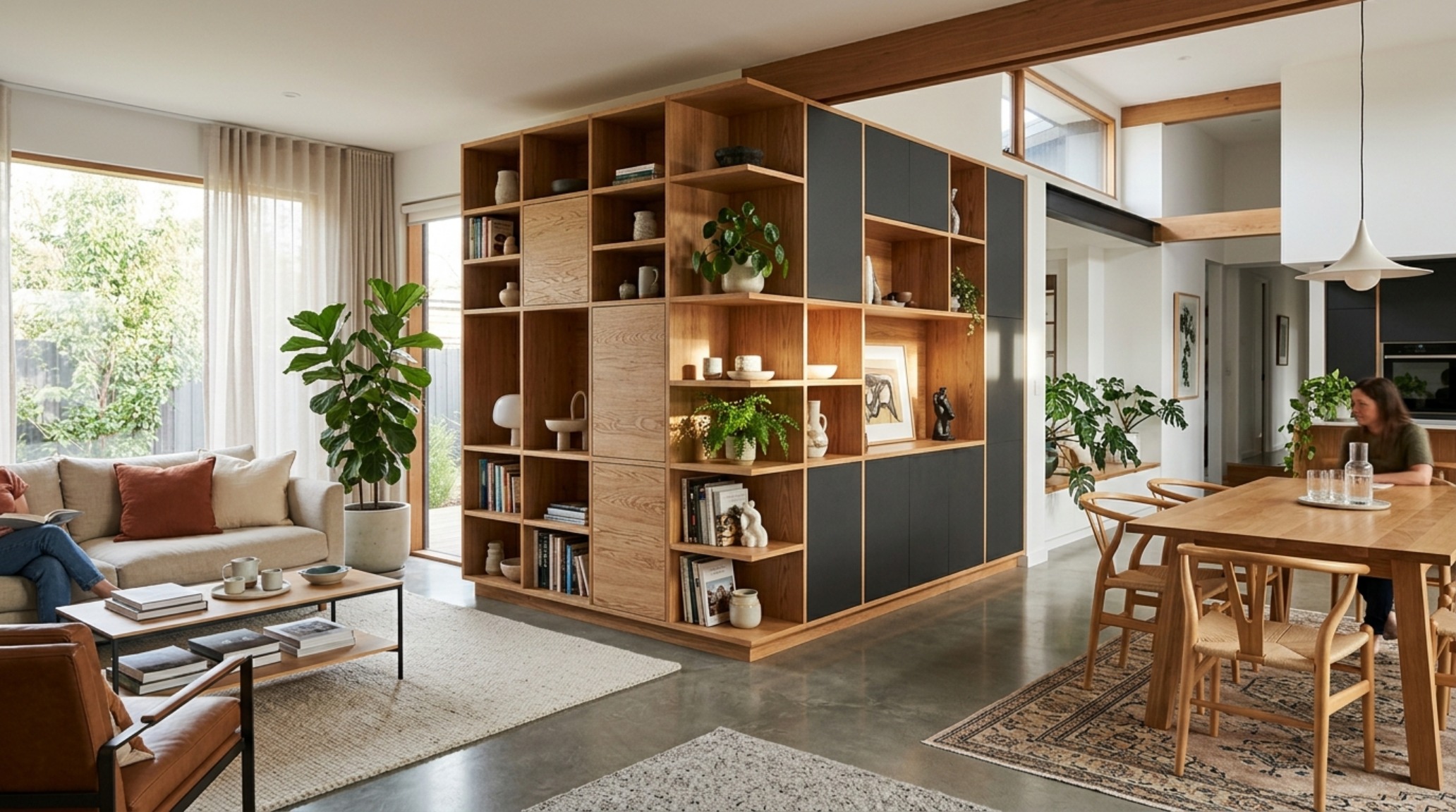 modern unique cabinets ideas highlighting a double-sided room divider cabinet that separates the living area and dining room with open shelving. modern unique cabinets ideas highlighting a double-sided room divider cabinet that separates the living area and dining room with open shelving.
