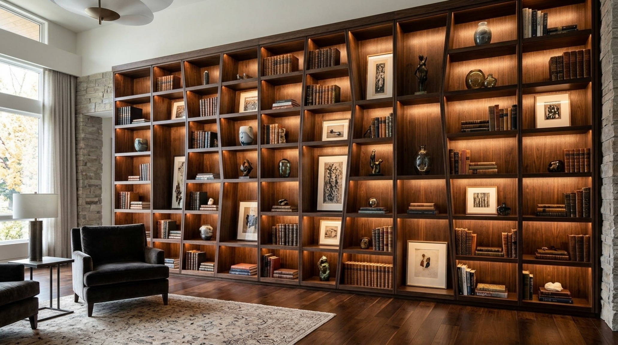 Modern unique cabinets ideas showcased in a bespoke living room library with asymmetric shelving and integrated backlighting.