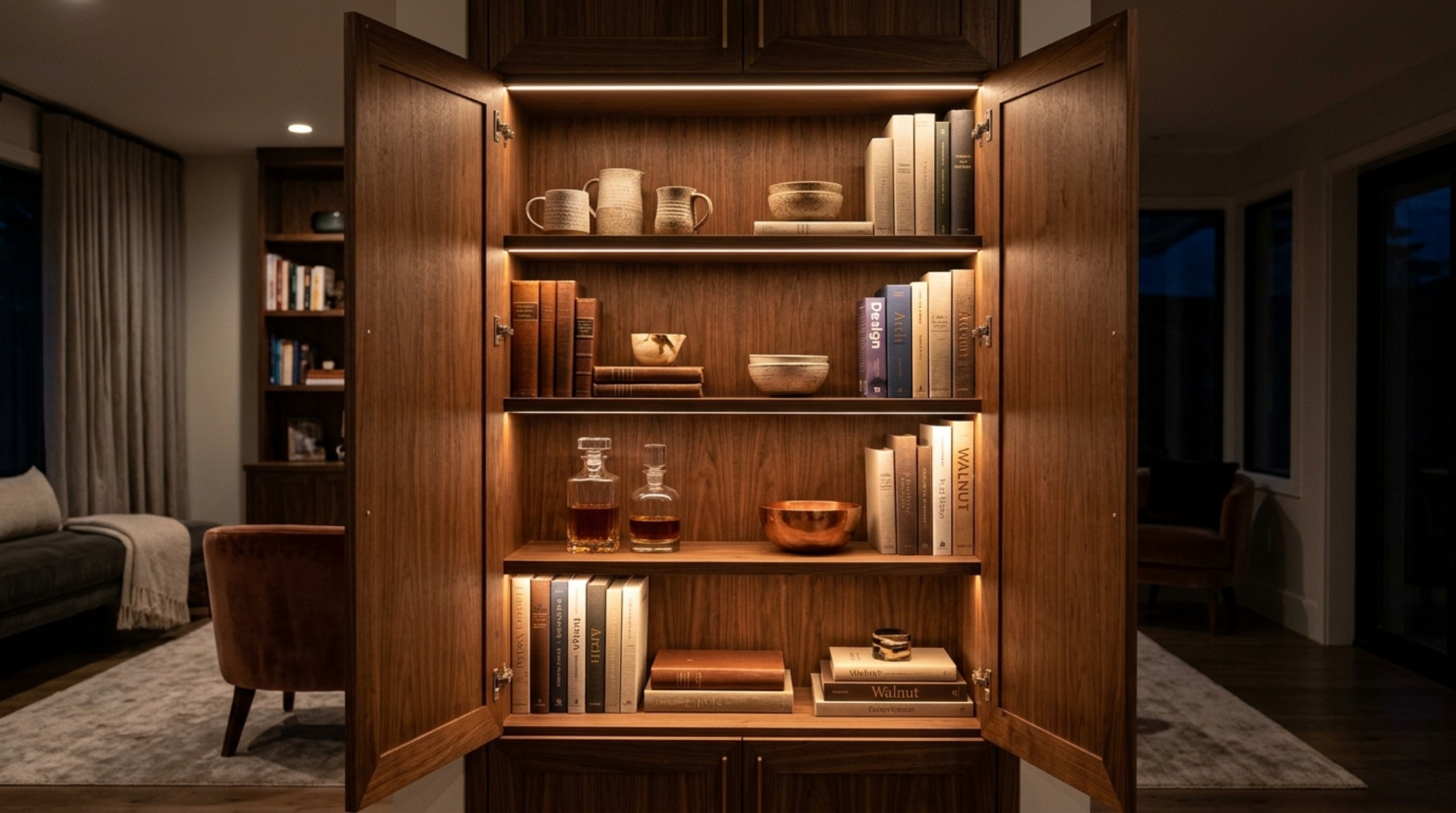Unique cabinets lighting guide featuring 2700K warm LED strips recessed into oak shelving for a soft atmospheric glow.