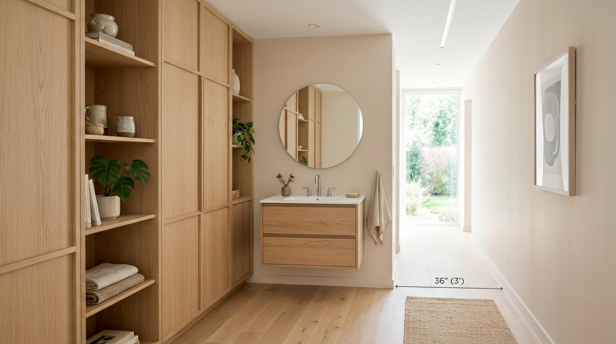 Small space unique cabinets in a narrow hallway featuring a floating design and Benjamin Moore Swiss Coffee finish to maximize floor area.