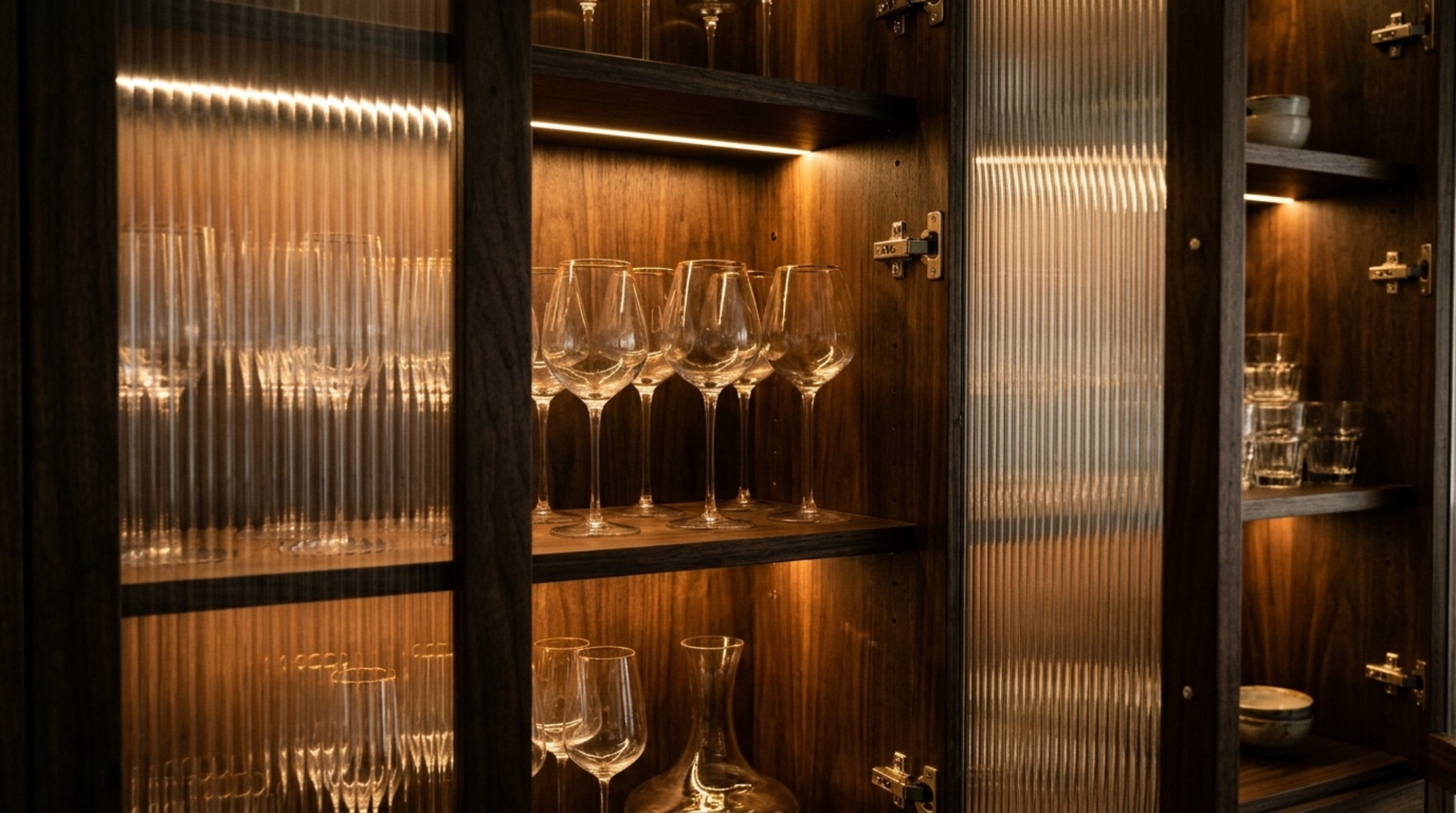 unique cabinets lighting guide illustrating the use of 2700K recessed LED strips to create a soft amber glow inside a reeded glass display case. unique cabinets lighting guide illustrating the use of 2700K recessed LED strips to create a soft amber glow inside a reeded glass display case.