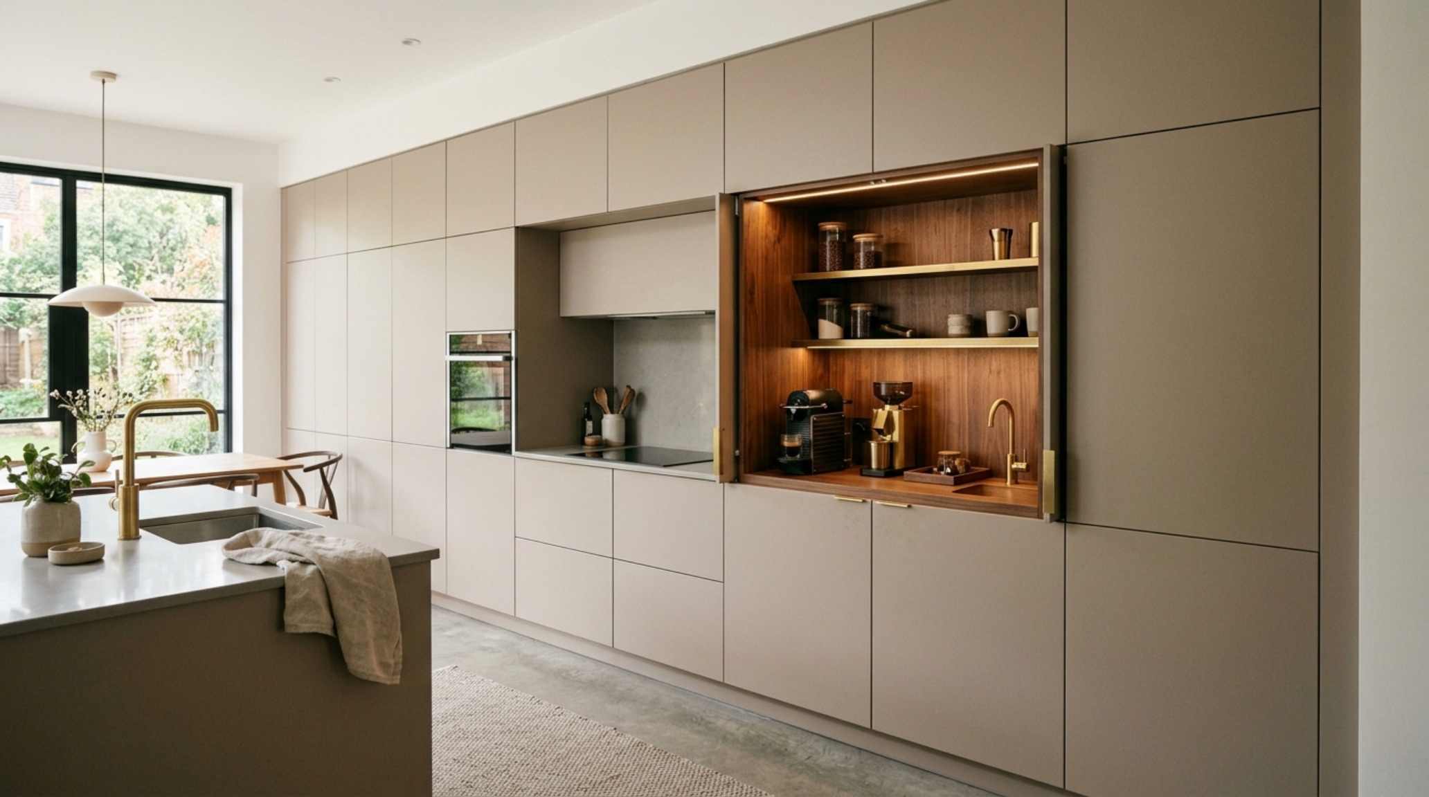 modern unique cabinets ideas presenting a minimalist integrated kitchen with pocket doors finished in a soft matte clay paint and brass recessed handles. modern unique cabinets ideas presenting a minimalist integrated kitchen with pocket doors finished in a soft matte clay paint and brass recessed handles.