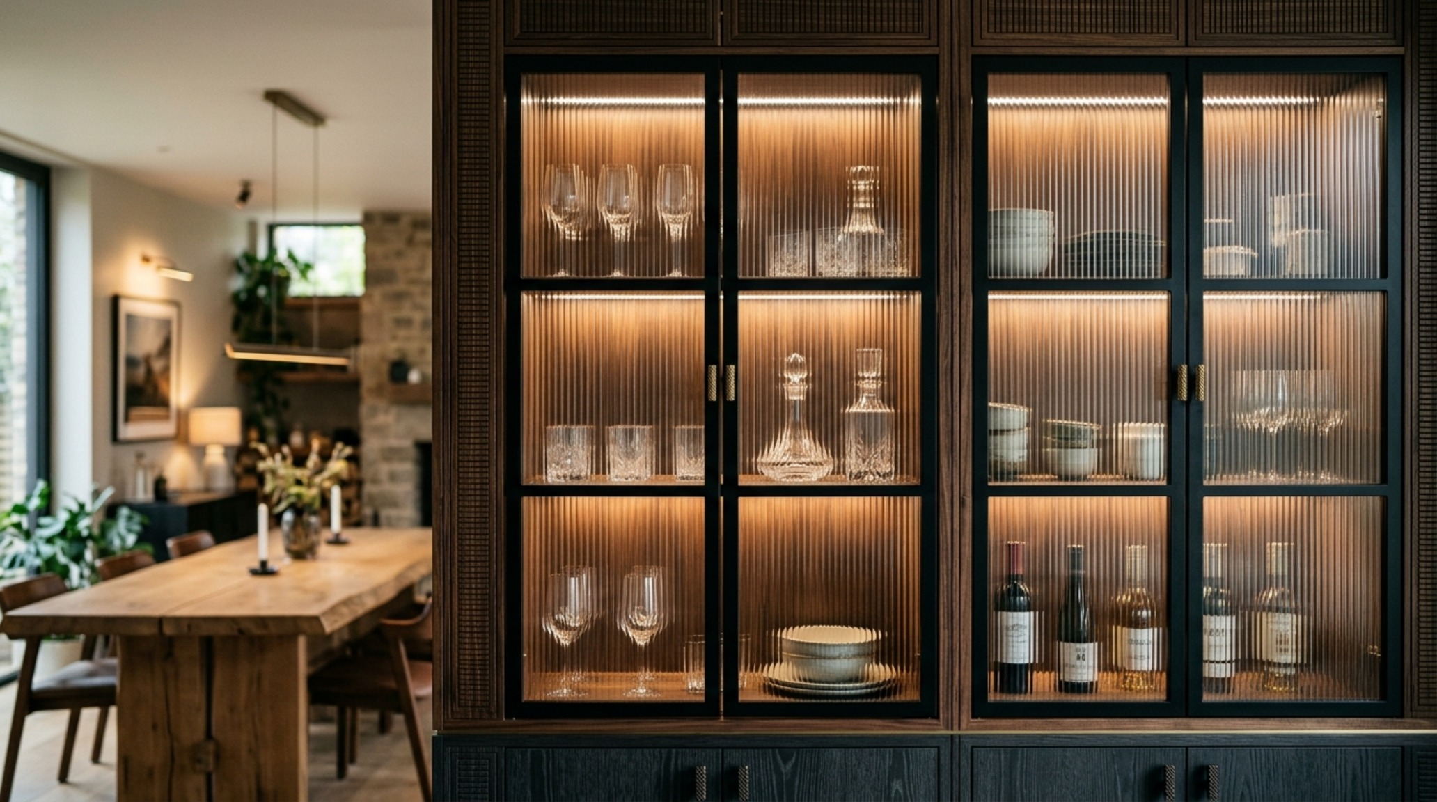 Luxury unique cabinets textures of reeded glass doors framed in black steel, revealing curated ceramic objects inside.