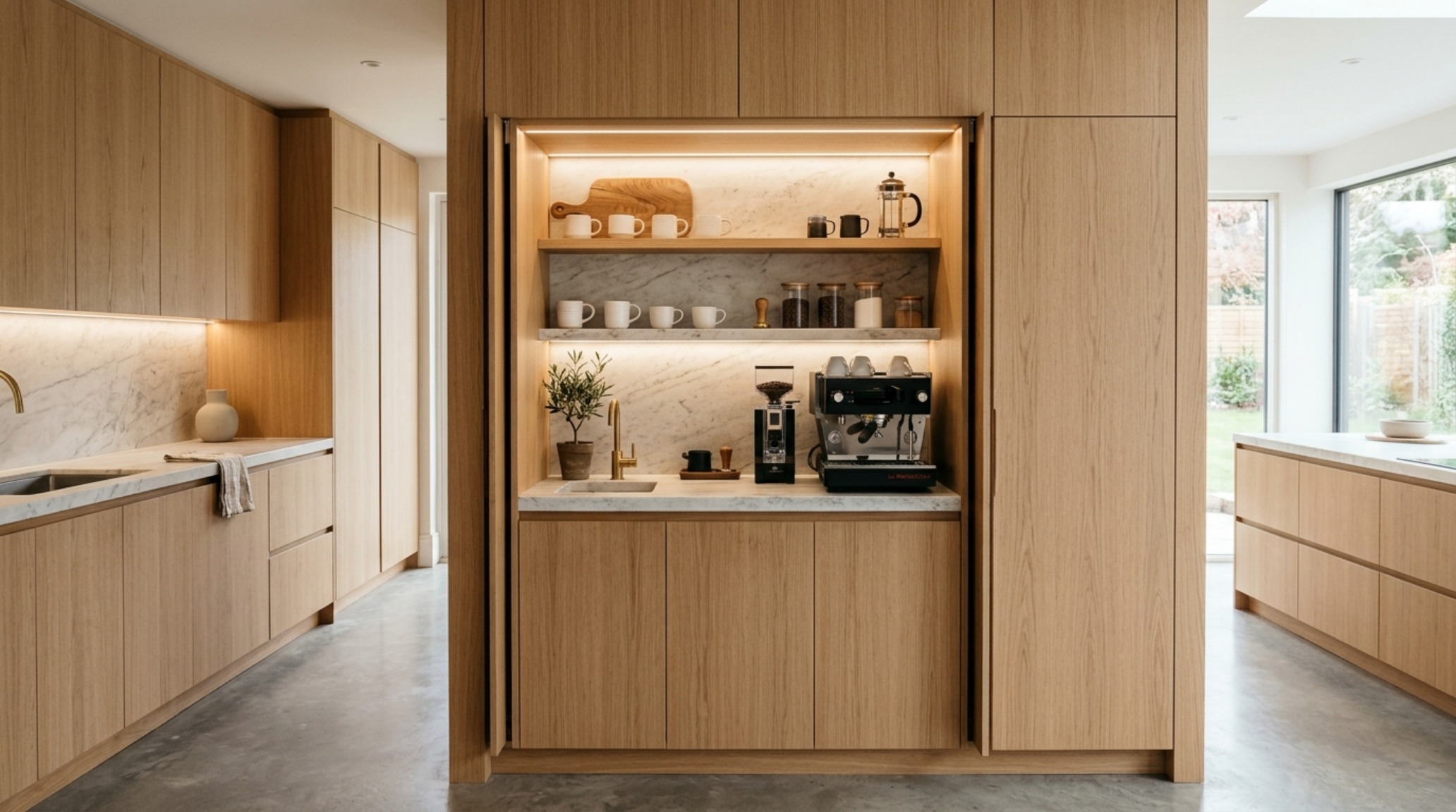 Modern unique cabinets ideas for a minimalist kitchen with pivot-slide doors that hide integrated appliances and coffee stations.