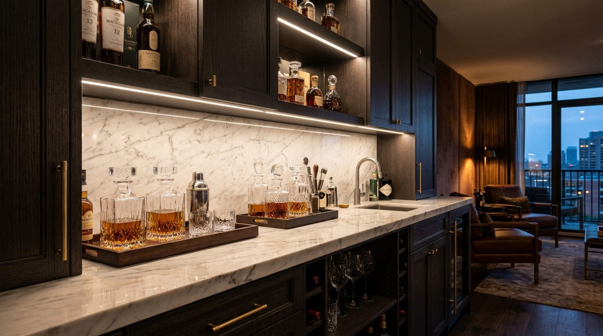unique cabinets lighting guide demonstrating high CRI 90+ task lighting over a dark-stained wood beverage station to enhance color accuracy. unique cabinets lighting guide demonstrating high CRI 90+ task lighting over a dark-stained wood beverage station to enhance color accuracy.