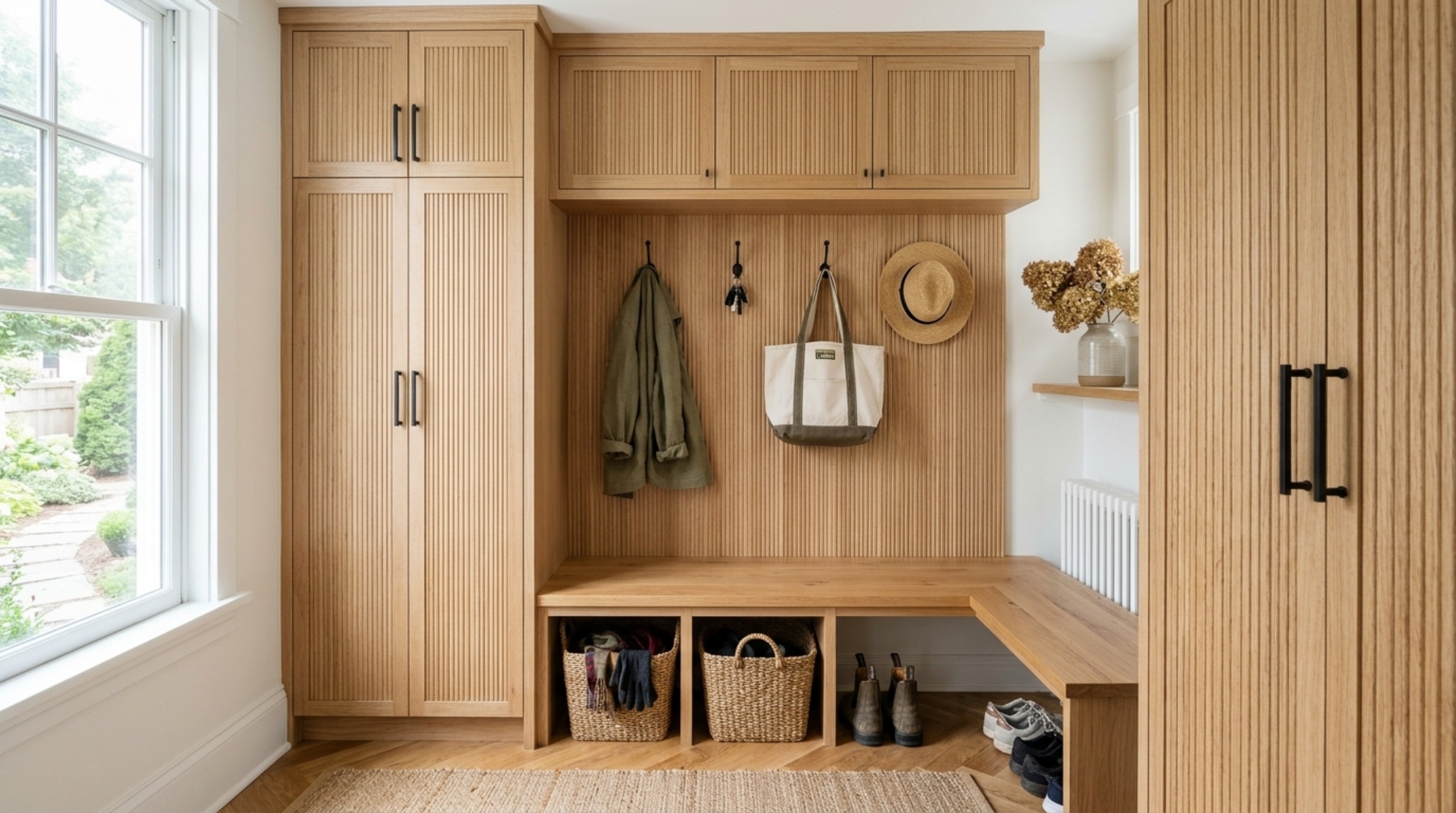 Small space unique cabinets designed as a custom entryway nook with a built-in bench and vertical oak slats.