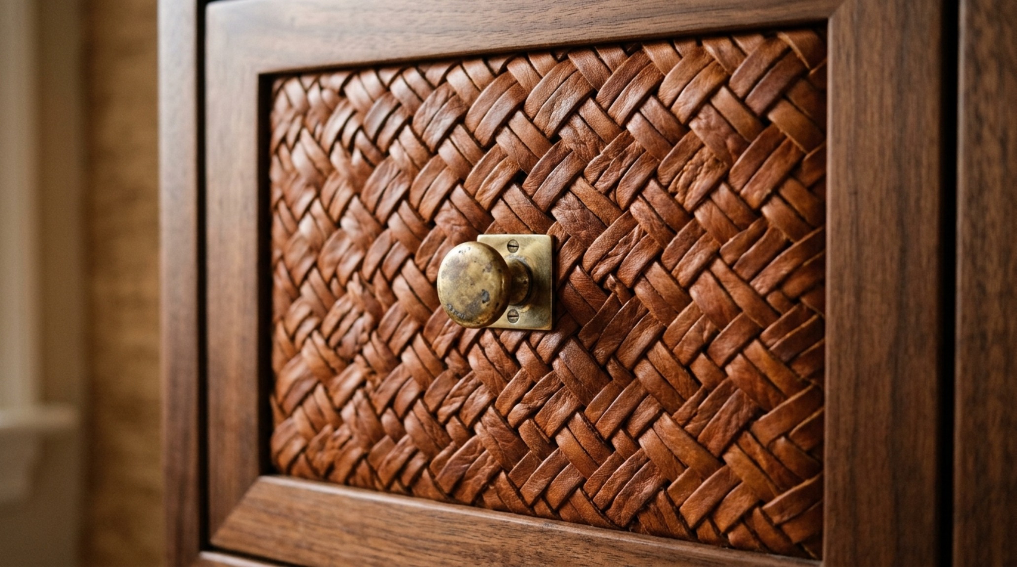 luxury unique cabinets textures with a focus on a door front made of woven leather and aged brass hardware in a sophisticated library setting. luxury unique cabinets textures with a focus on a door front made of woven leather and aged brass hardware in a sophisticated library setting.