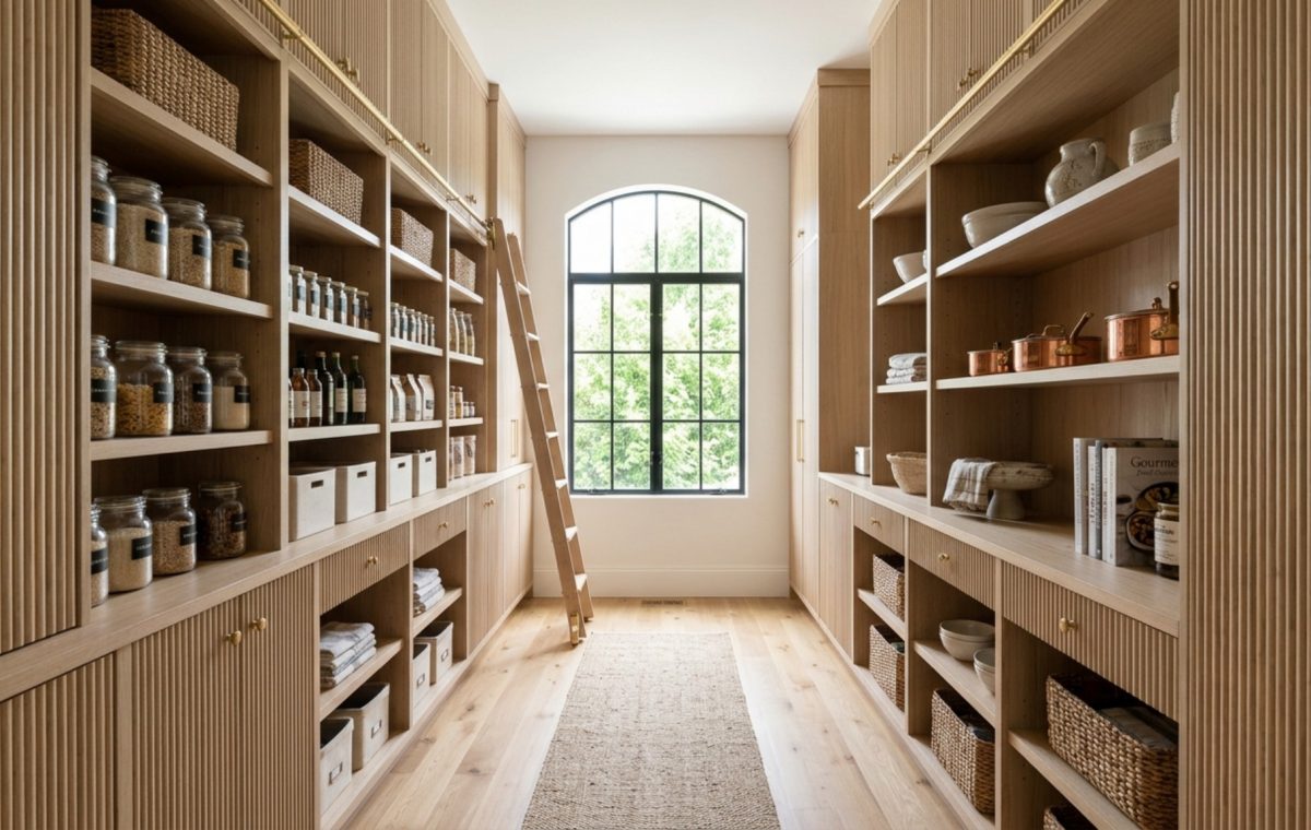 Symmetry in a modern walk-in pantry featuring floor-to-ceiling fluted white oak shelving and a central 36-inch walkway for optimal spatial cadence.