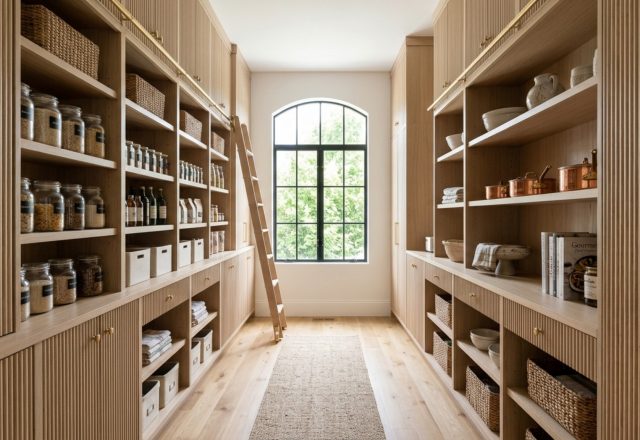 Symmetry in a modern walk-in pantry featuring floor-to-ceiling fluted white oak shelving and a central 36-inch walkway for optimal spatial cadence.