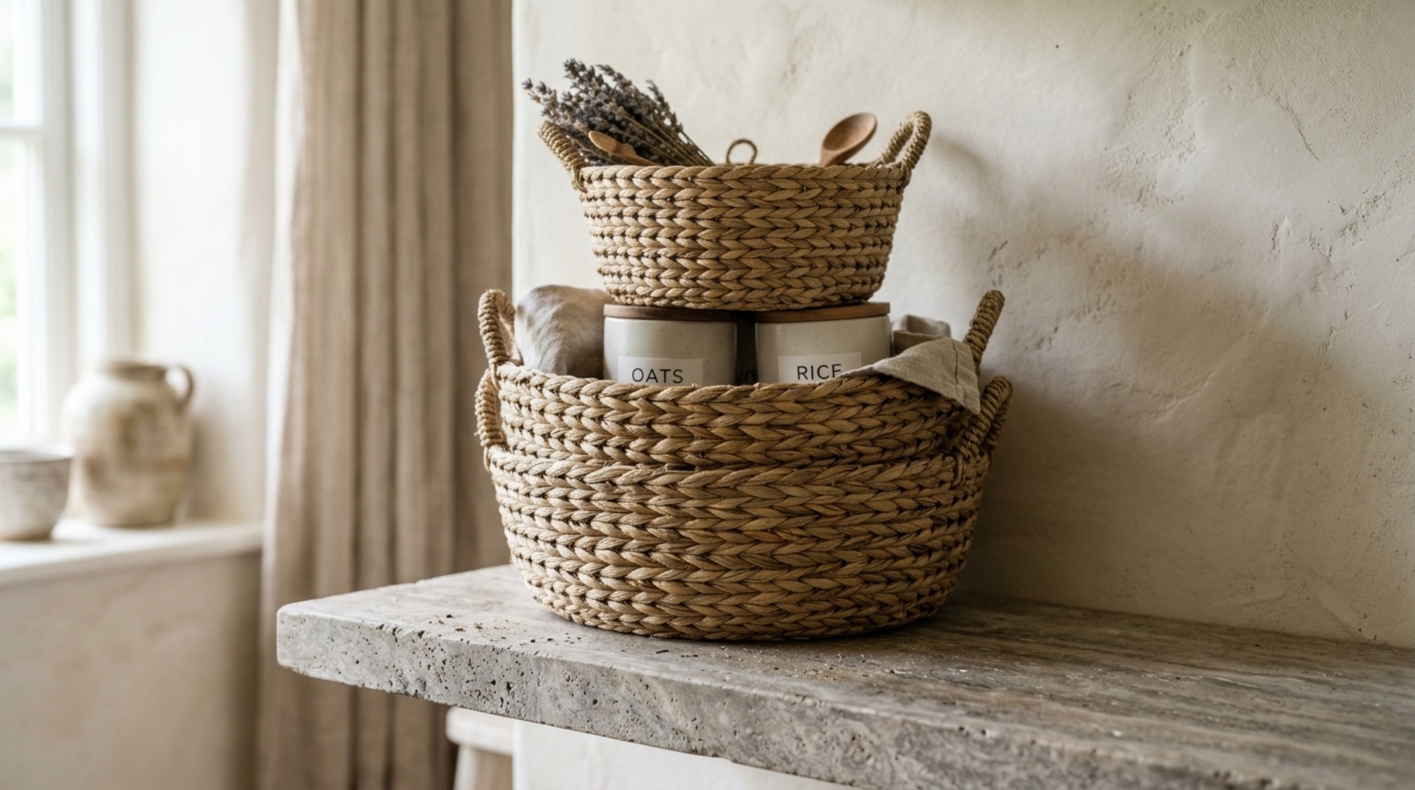 Tactile material contrast in a pantry with hand-woven seagrass baskets stored on honed travertine shelves against a Benjamin Moore Swiss Coffee backdrop.