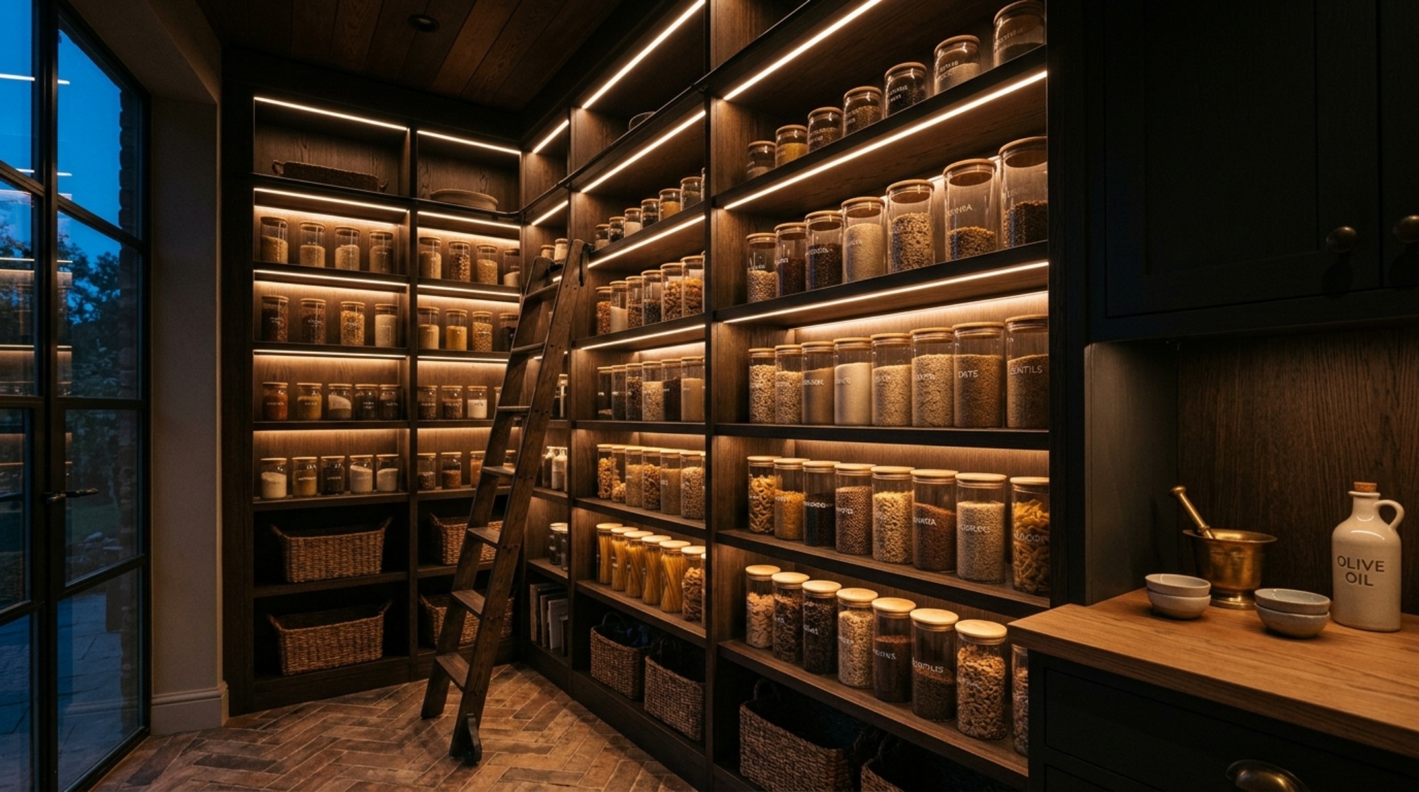 Atmospheric 2700K integrated LED shelf lighting showcasing the depth and shadow play of a curated small pantry organization ideas lighting guide implementation.