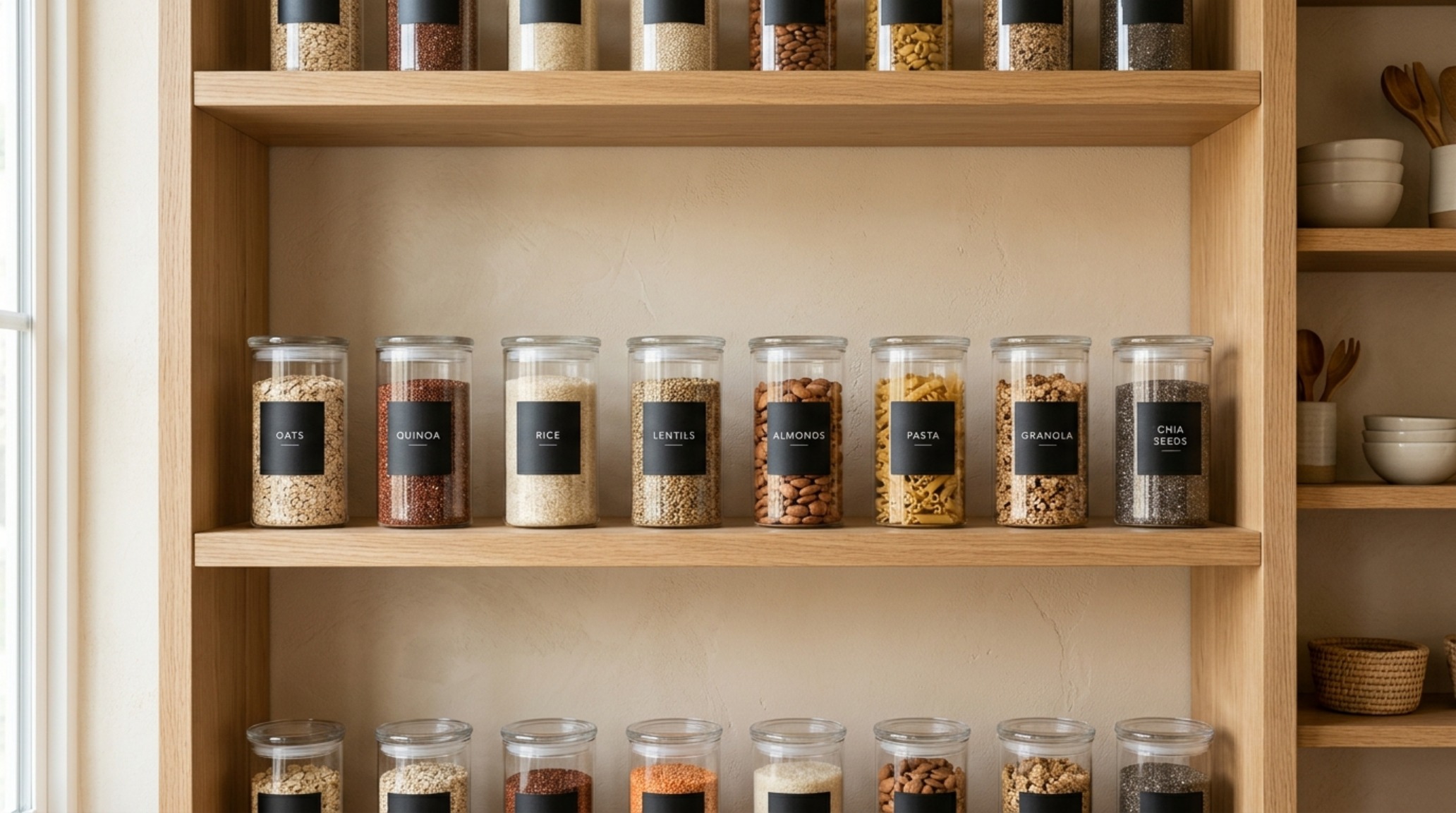 Ergonomic eye-level pantry shelving with uniform glass decanting jars and minimalist labels, demonstrating visual silence and negative space principles.
