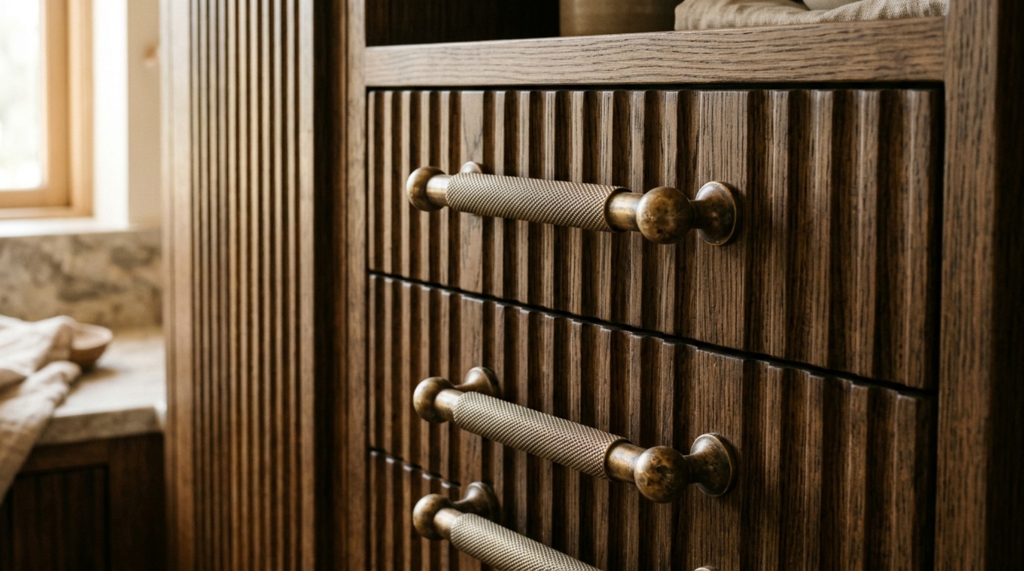 Detailed close-up of knurled brass handles on fluted wood pantry drawers, emphasizing the luxury small pantry organization ideas textures and patina.